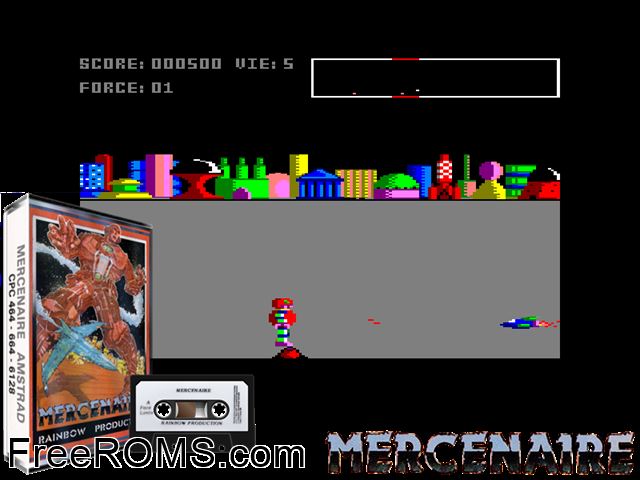 Mercenaire (F) (1986) [a1] Amstrad CPC game showing 3D box cover and gameplay screenshot